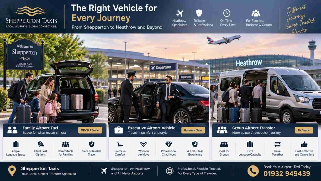 Vehicle Selection for Shepperton Airport Journeys Across Family, Corporate, and Group Travel